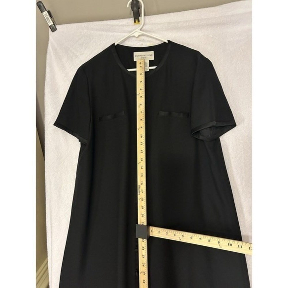 Evan-Picone Black Button Front Shift Dress Short Sleeve Satin Trim Size 14 - Picture 11 of 14